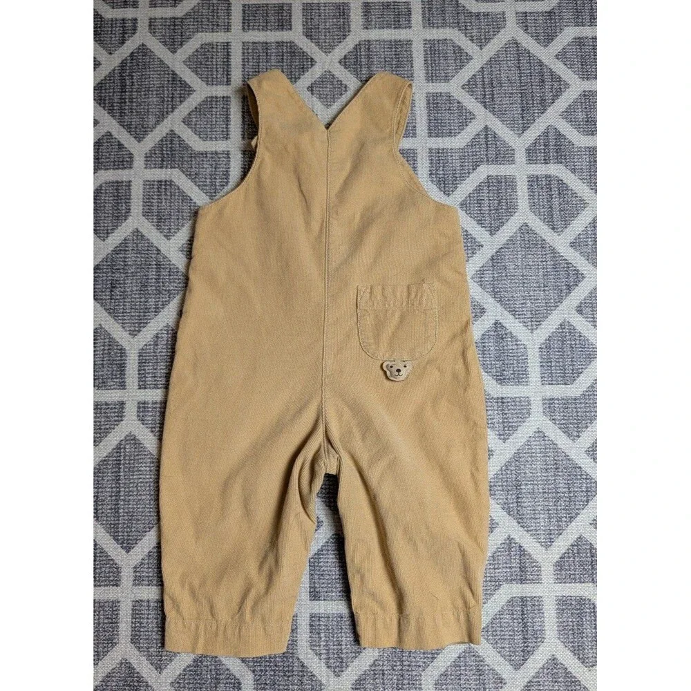 Vintage Tan Corduroy Overalls with Embroidered Teddy Bear 